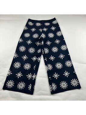 Zara Navy Linen Blend Eyelet Embroidered Wide Leg Pant M